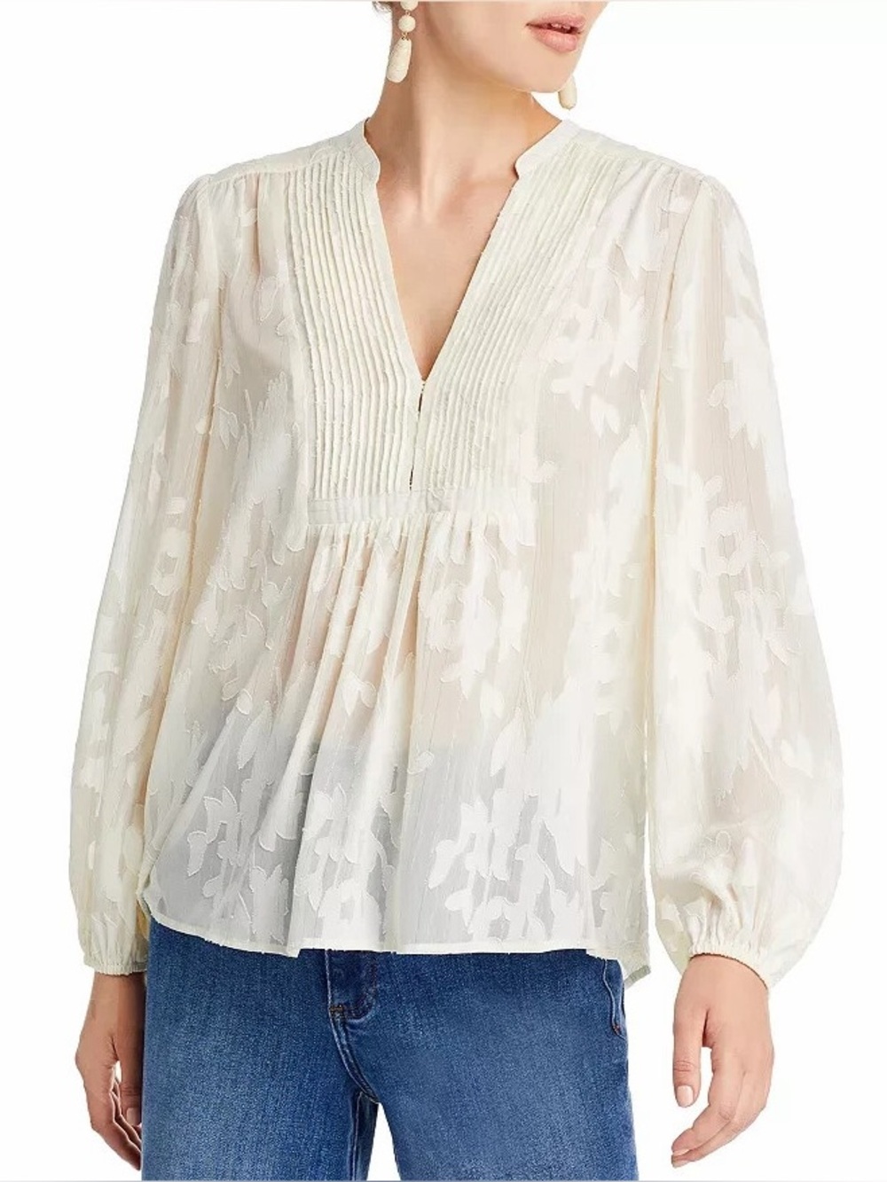 Aqua Floral Jacquard Pintuck Blouse Cream White Size S Romantic Top